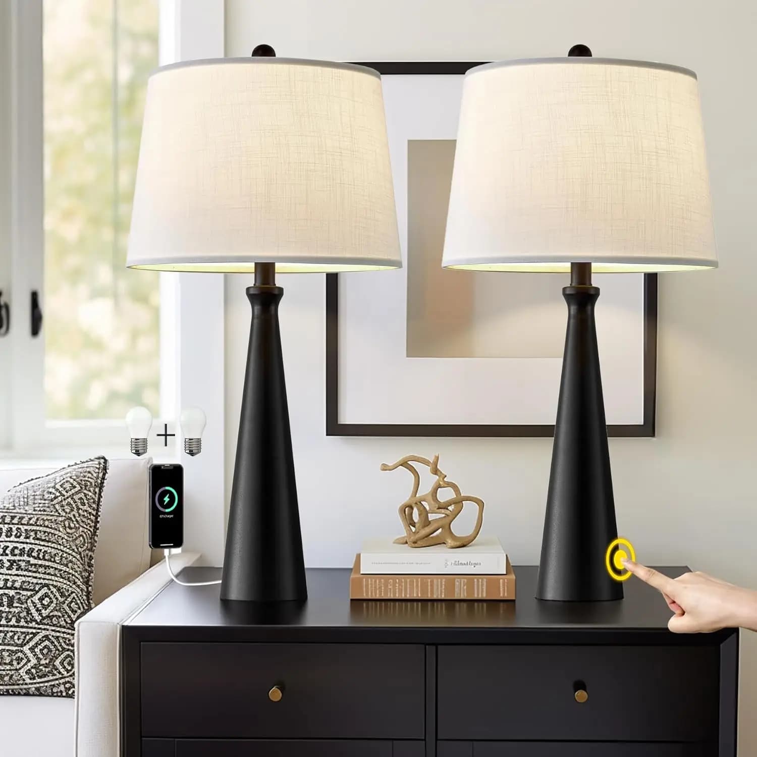 Set di 2 Lampade da Tavolo Moderne Nere con Controllo Touch Dimmerabile, Porta di Ricarica USB per Soggiorno e Camera da Letto