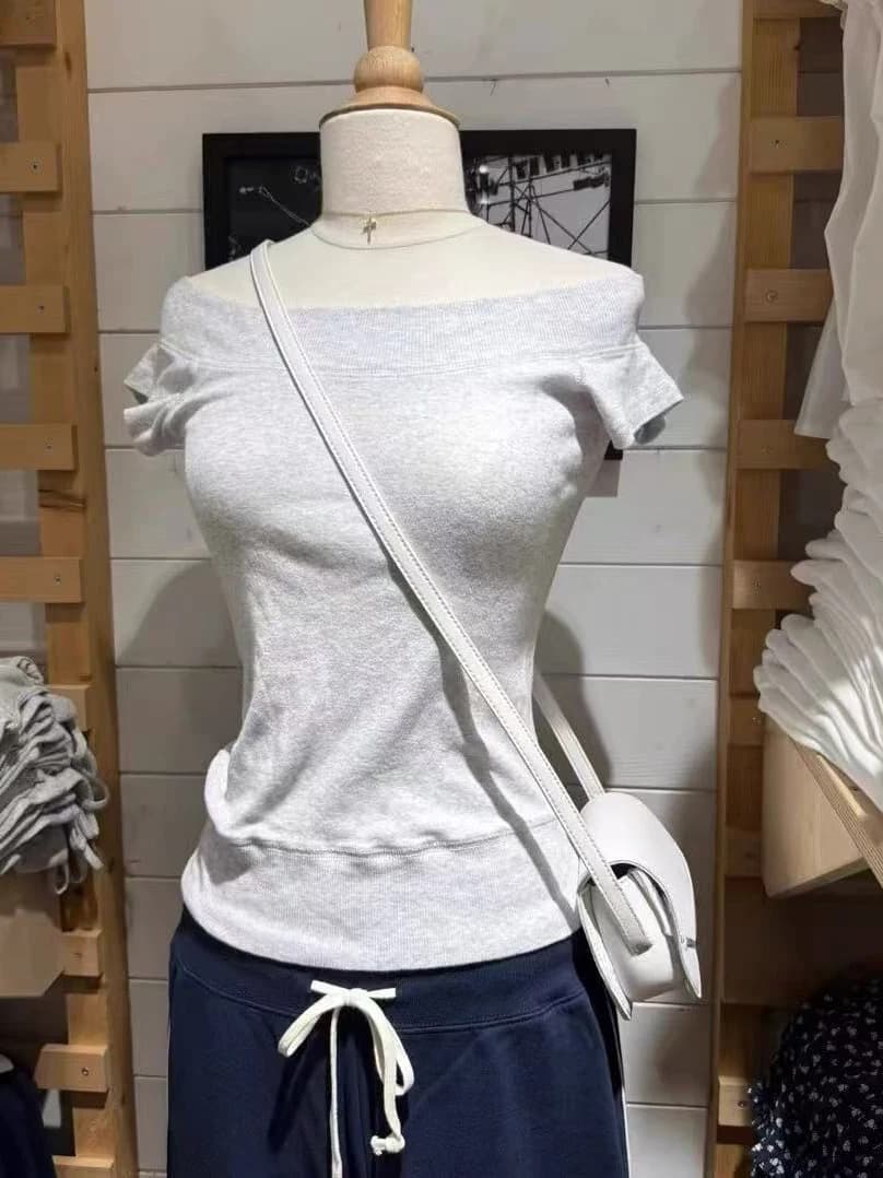 T-shirt manica corta slim in cotone grigio Donna Estate a costine Girocollo T-shirt basic Stile preppy Dolce semplice Y2k Top Tees Nuovo