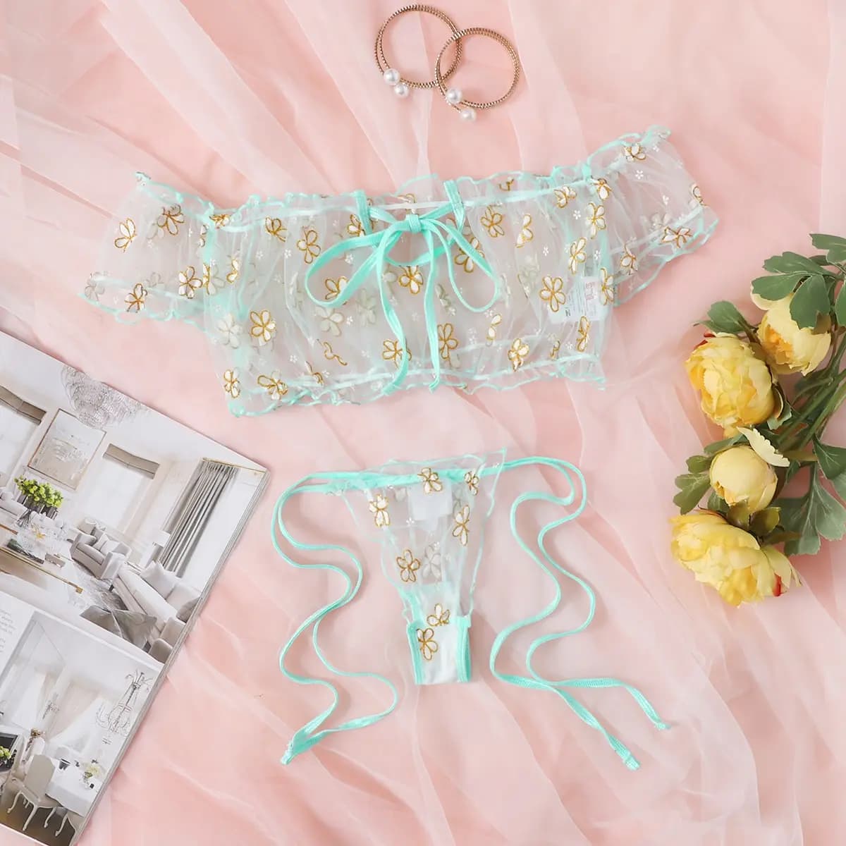 Pigiama Sexy in pizzo Set donna indumenti da notte in raso di seta con spalle scoperte maniche corte pigiama Faux Homewear indumenti da notte con stampa floreale verde