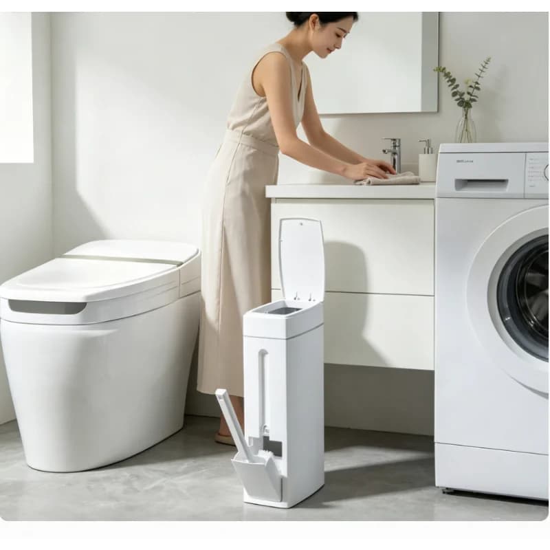 Cestino per rifiuti stretto da bagno con coperchio e spazzola per WC, salvaspazio, piccolo contenitore per immondizia per WC, accessori da bagno