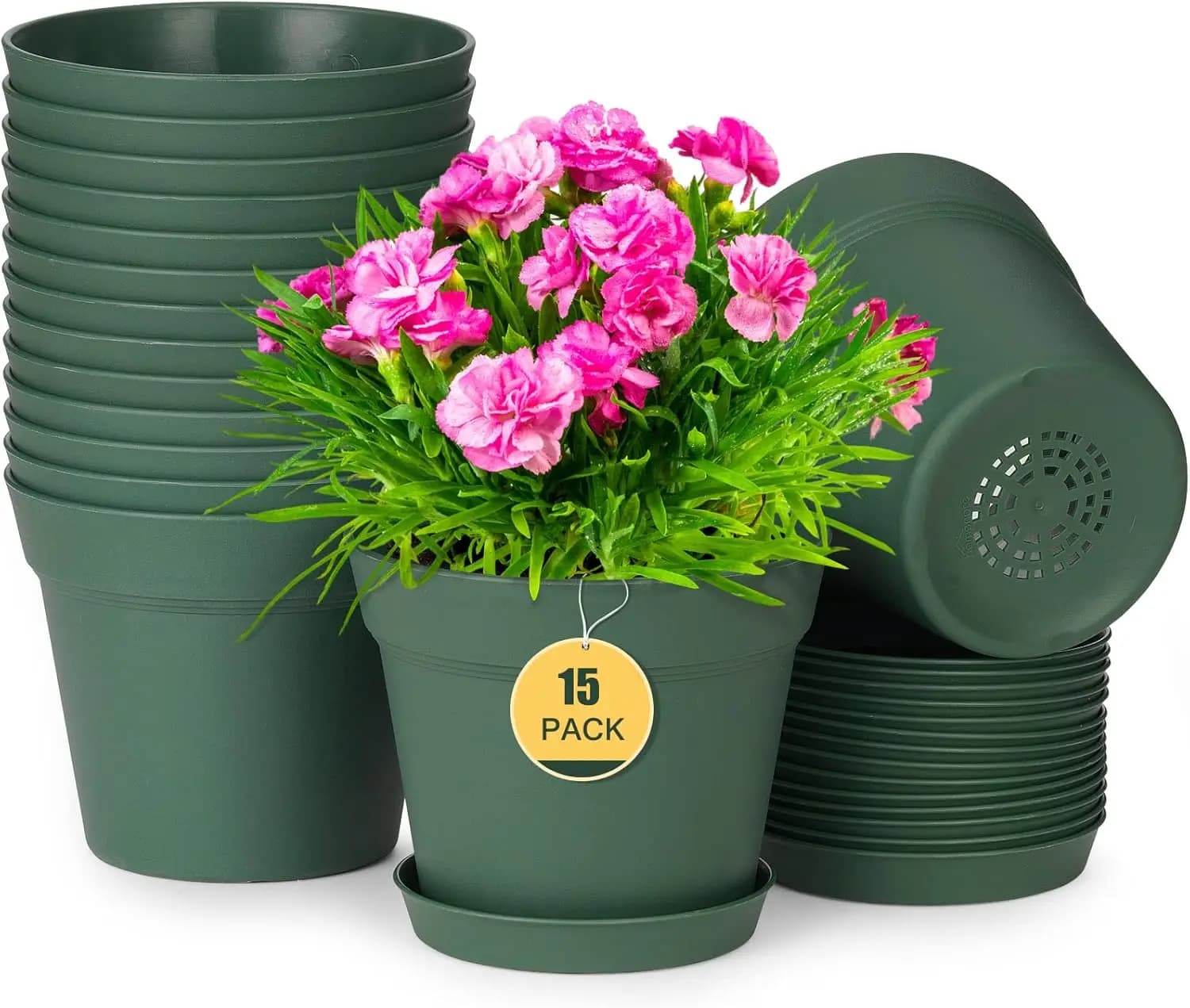 Vasi per piante, confezione da 15 vasi da 6 pollici con fori di drenaggio multipli e sottovasi, fioriere in plastica per tutti i fiori da giardino domestico S