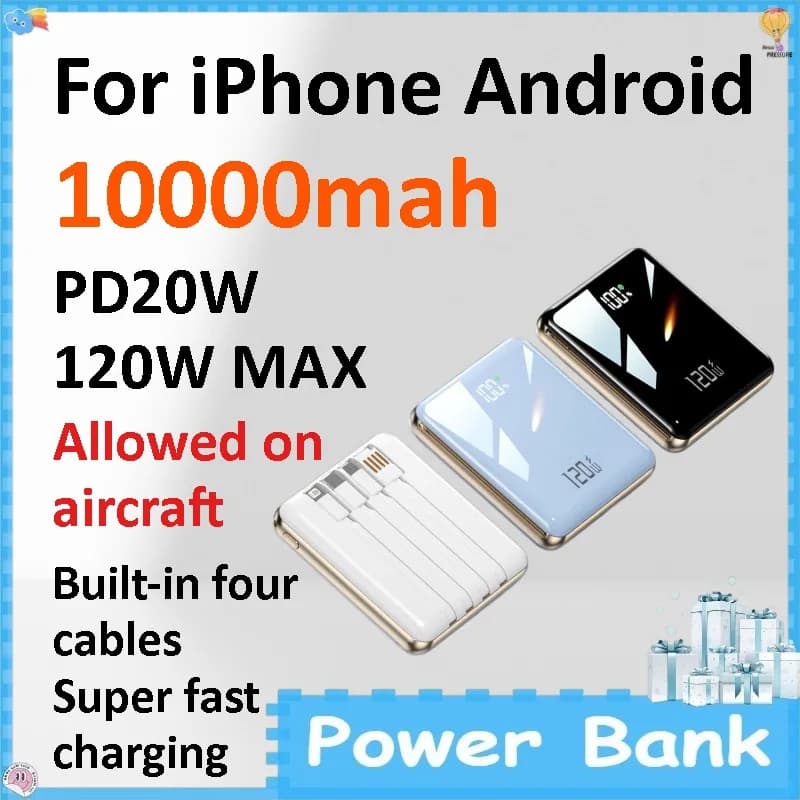 Power Bank 120W Super Veloce da 10000mAh con Superficie a Specchio e Cavo Integrato, Batteria Esterna Portatile per iPhone e Android