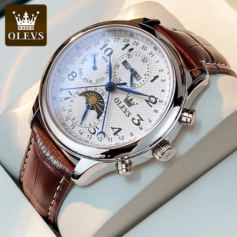OLEVS 6667 Orologio da Uomo con Fasi Lunari, 7 Lancette Multifunzione, Orologio Meccanico Automatico di Lusso per Uomo d'Affari