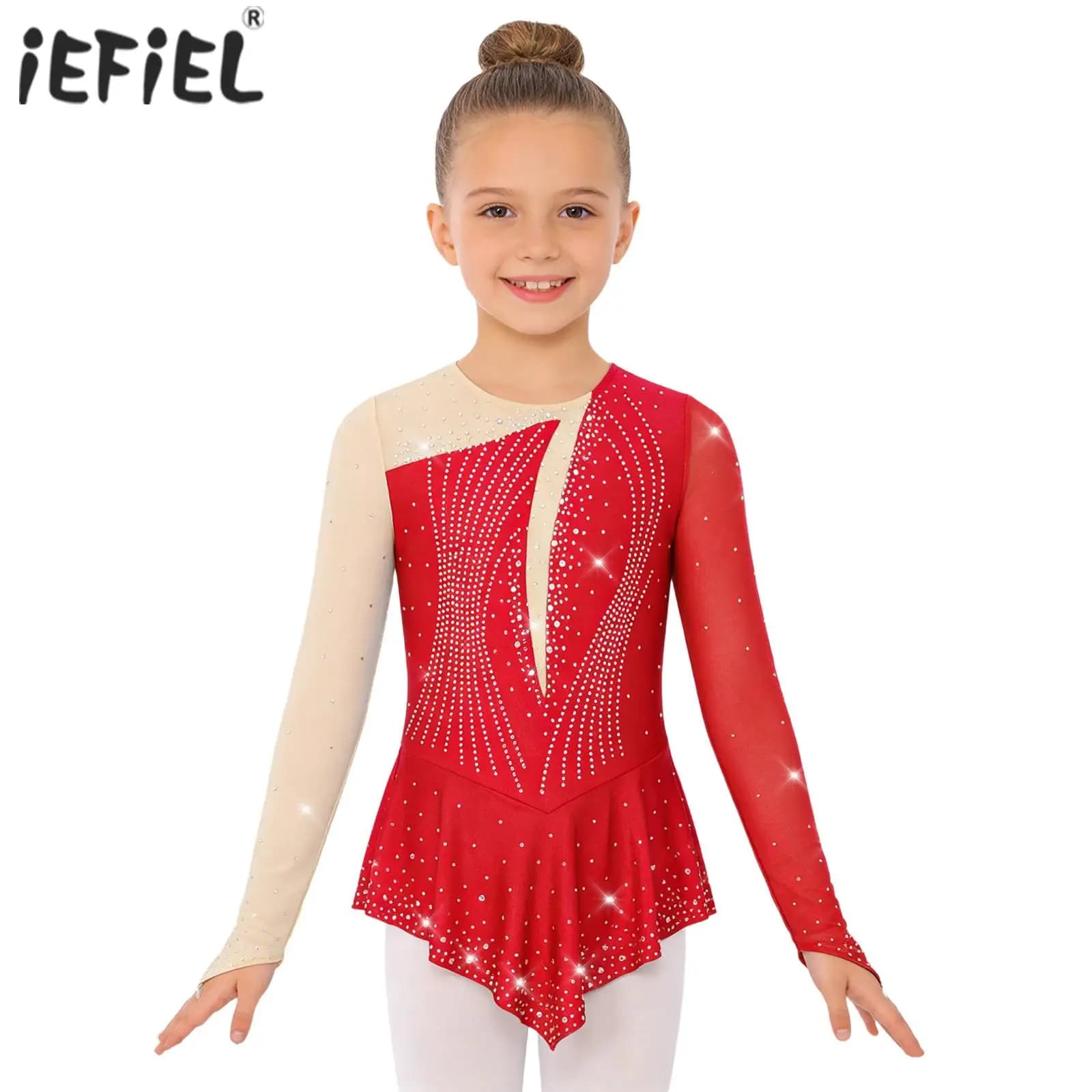 Body da Pattinaggio Artistico per Bambine, Abito da Ginnastica con Orlo Asimmetrico, Body da Danza con Strass Lucidi e Rete, Vestito da Ballerina Ritmica