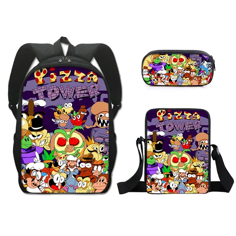 Cartoon Novelty Pizza Tower 3D Print 3pcs/Set pupil School Bags Laptop Daypack Backpack Inclined shoulder bag Pencil Case