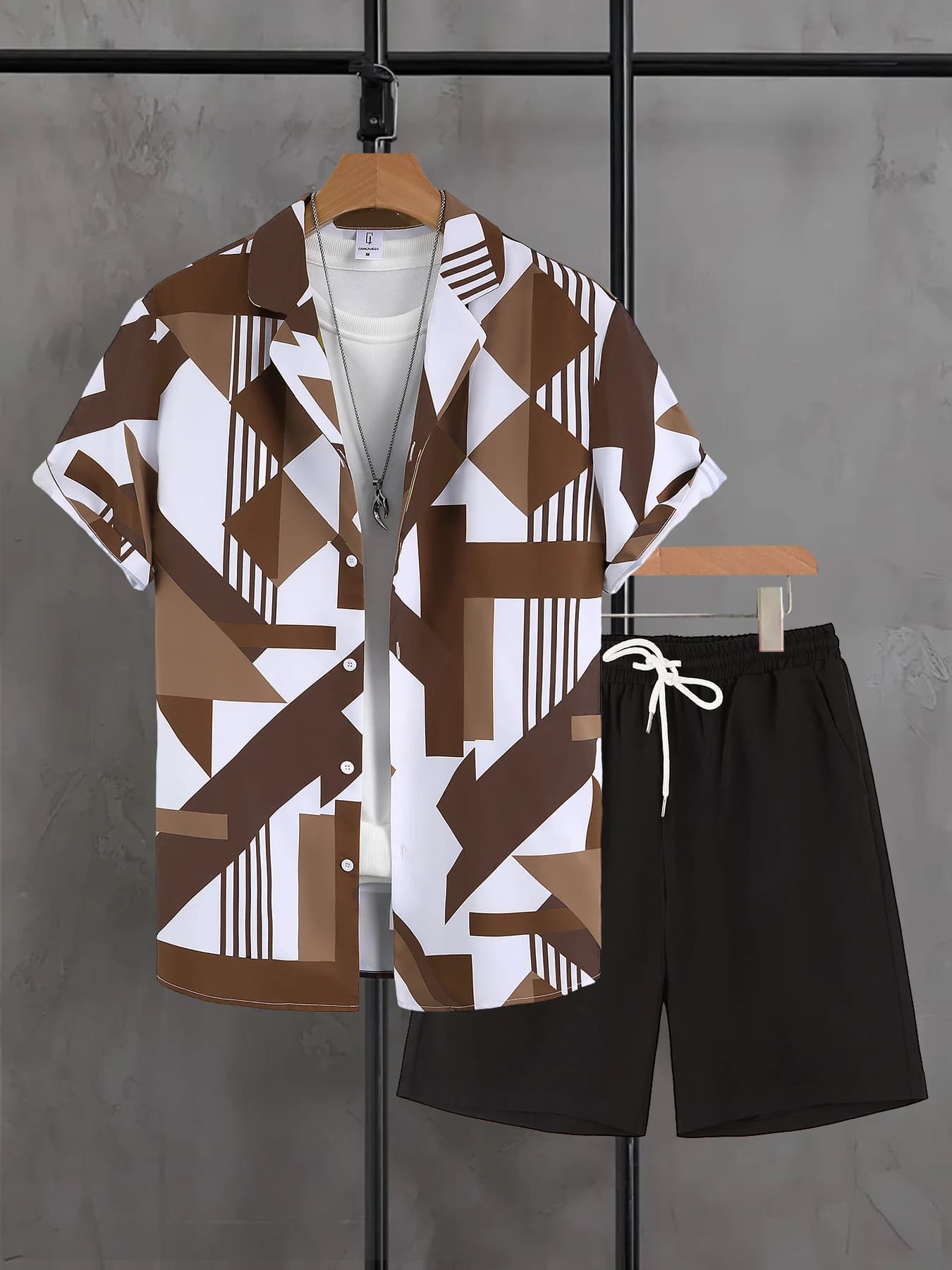 Men's Casual Geometric Set, Top to Sleeves Court Bicolor Brown and White and Black Shorts Tinta Unit, 2 Pieces