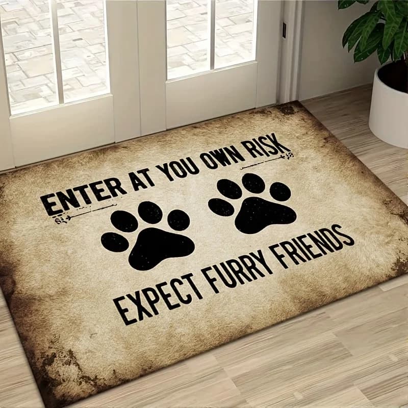 Tappeto d'ingresso creativo a tema animali domestici, tappeto con impronta di zampa con scritta 'Ingresso a proprio rischio e pericolo', decorazione durevole, antiscivolo e lavabile per l'ingresso.