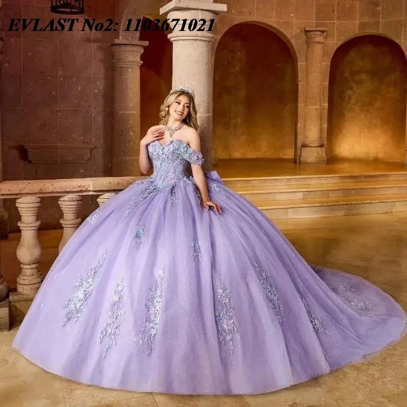 EVLAST Personalizzato Principessa Lavanda Lucido Abito Quinceanera Abito di Sfera Applique di Pizzo Che Borda Dolce 16 Abiti 15 Anos E2QA112
