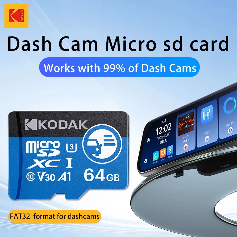Scheda MicroSD ad alta resistenza Kodak per scheda di memoria Dash Cam 7/24 registrazione in loop Supporto scheda SD Formato FAT32 U3 V30 100 Mb/s