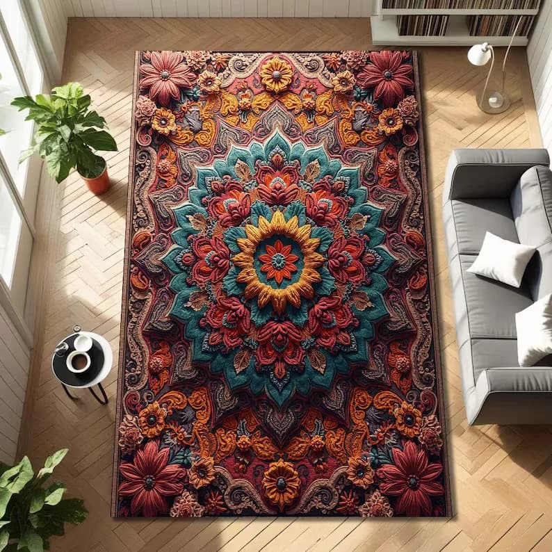 Mandala Carpet in Bold Boho Style Maximalista Carpet with sacred geometry for extravagant canvas Decorations for home Meditation or living room