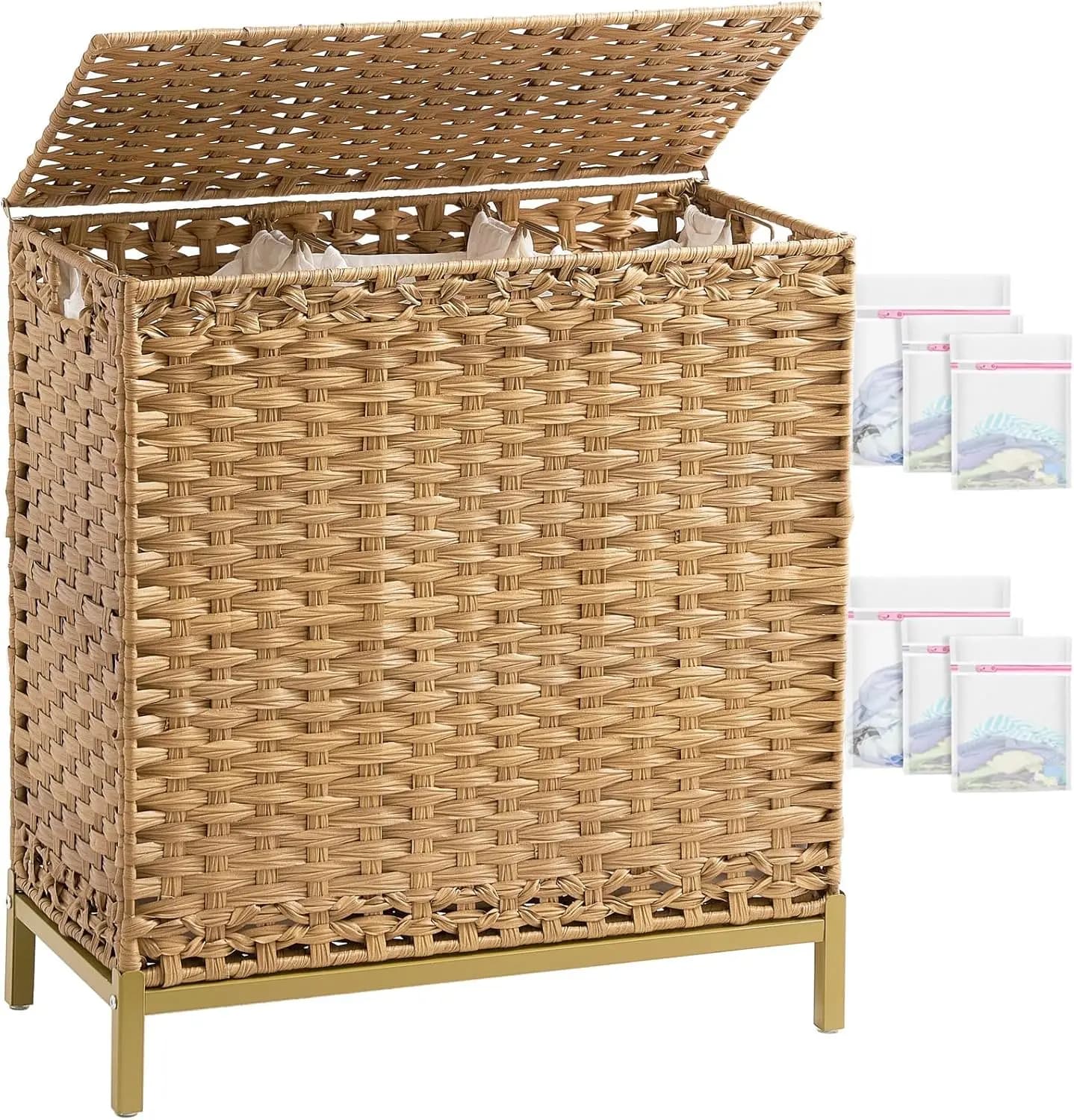 132L Rattan White Basket with Cover, Metal Feet and 3 Removable Bags for Dress Classification