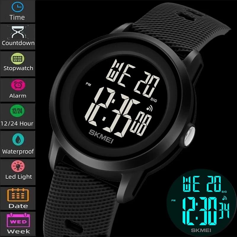 Skmei Women's Wrist Watch Silicone Strap Fashion 50M Waterproof Swimming Sports Chronograph LED Light Women's Digital Watches
