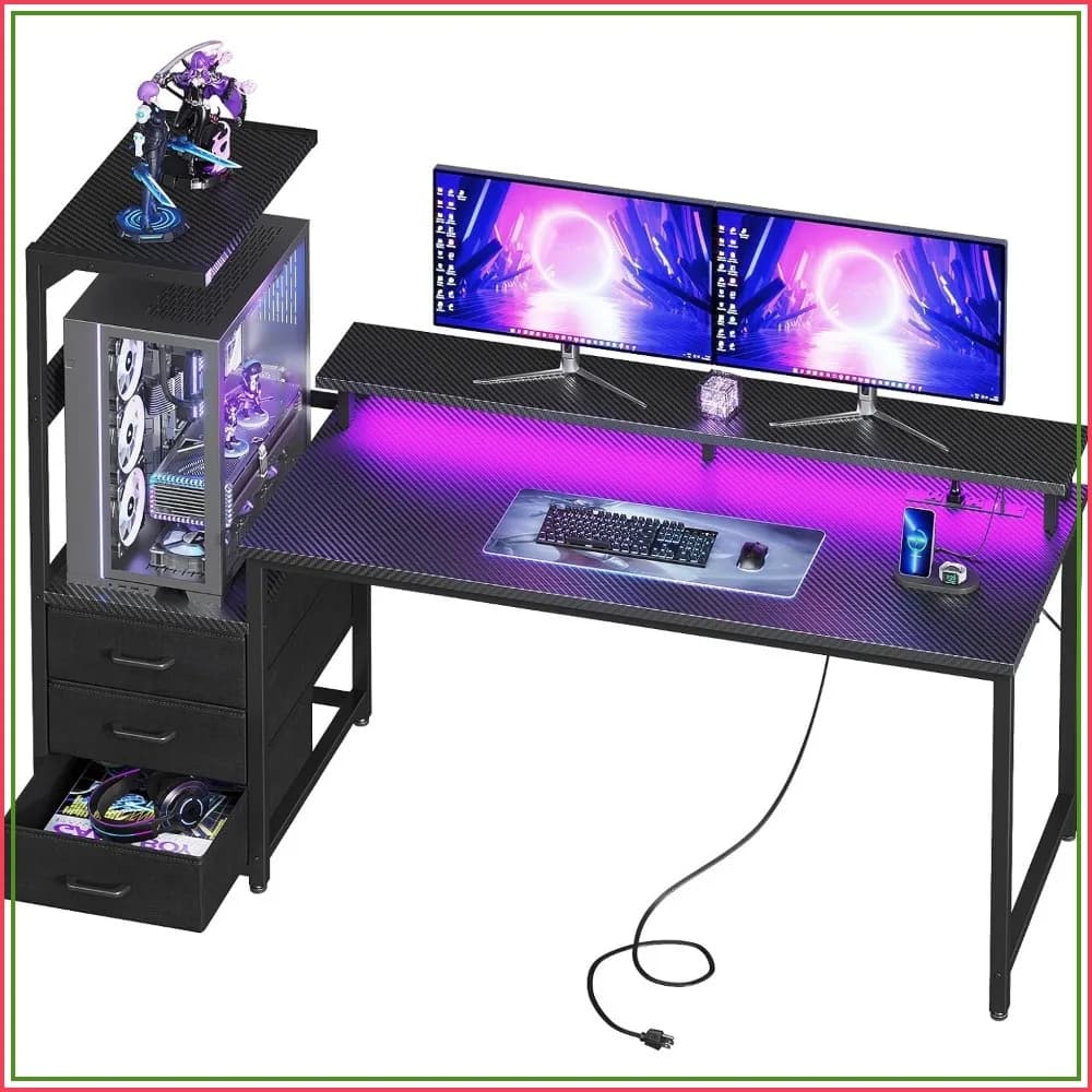 59" Gaming Desk with LED Light, Reversible Computer Desk with Storage Shelves & Monitor Stand, Fabric Drawers, Fits PC Towers, Black
