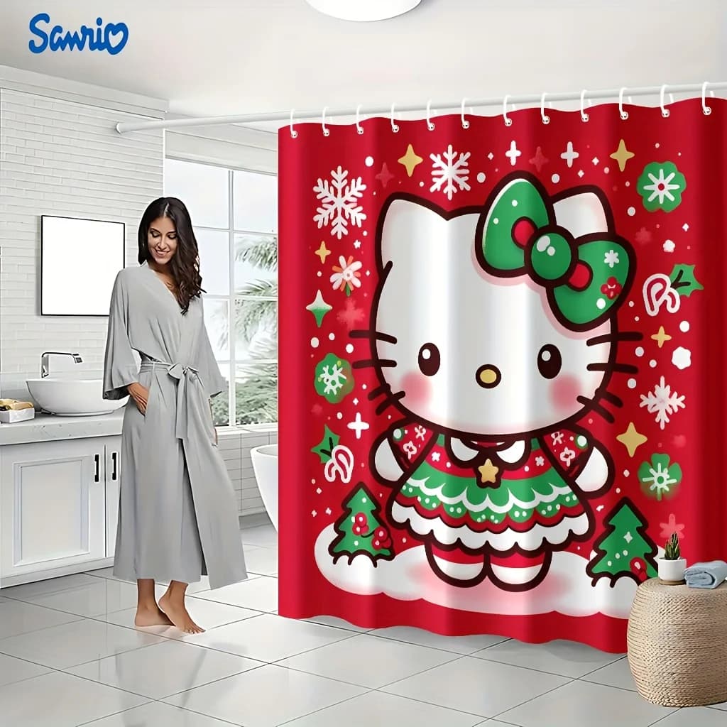Sanrio 1pc Tenda da doccia con motivo Hello Kitty con 12 ganci, decorazione per il bagno, tessuto in poliestere resistente, adatta per casa/hotel/