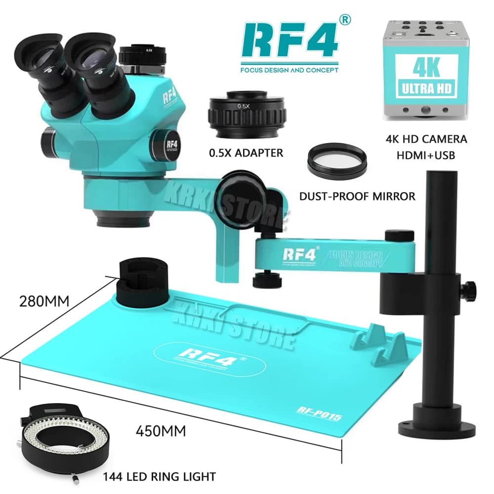 Microscopio stereo trinoculare RF4 Ingrandimento con bloccaggio preciso Zoom, 360 ° Braccio oscillante regolabile con rotazione universale 7050PRO-F019