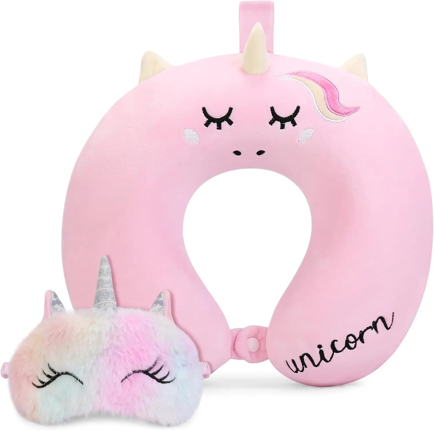 Cuscino da Viaggio Unicorno per Bambini con Mascherina per Occhi, Supporto in Memory Foam per Viaggi in Aereo e Auto, Regalo Rosa