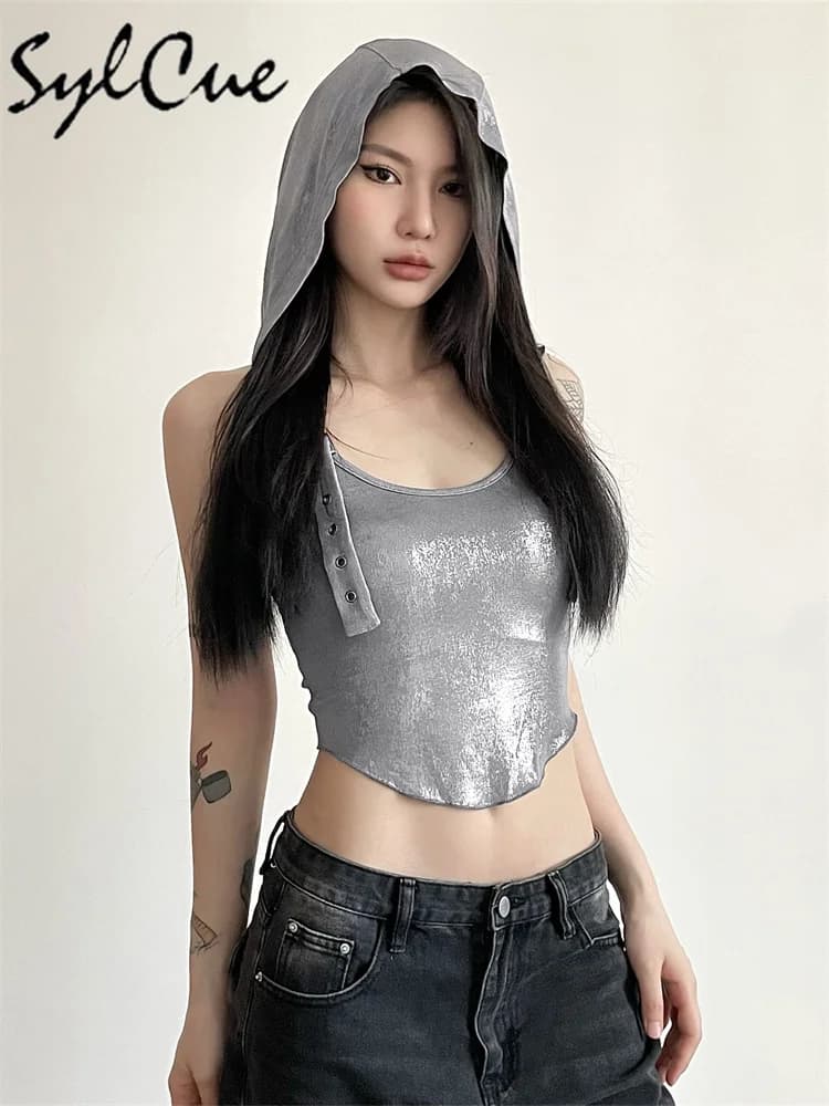 Nibber Silver Retro Matte Cyberpunk Alla moda High Street Sexy Maturo Confidente Fresco Semplice Gilet estivo con cappuccio sottile da donna