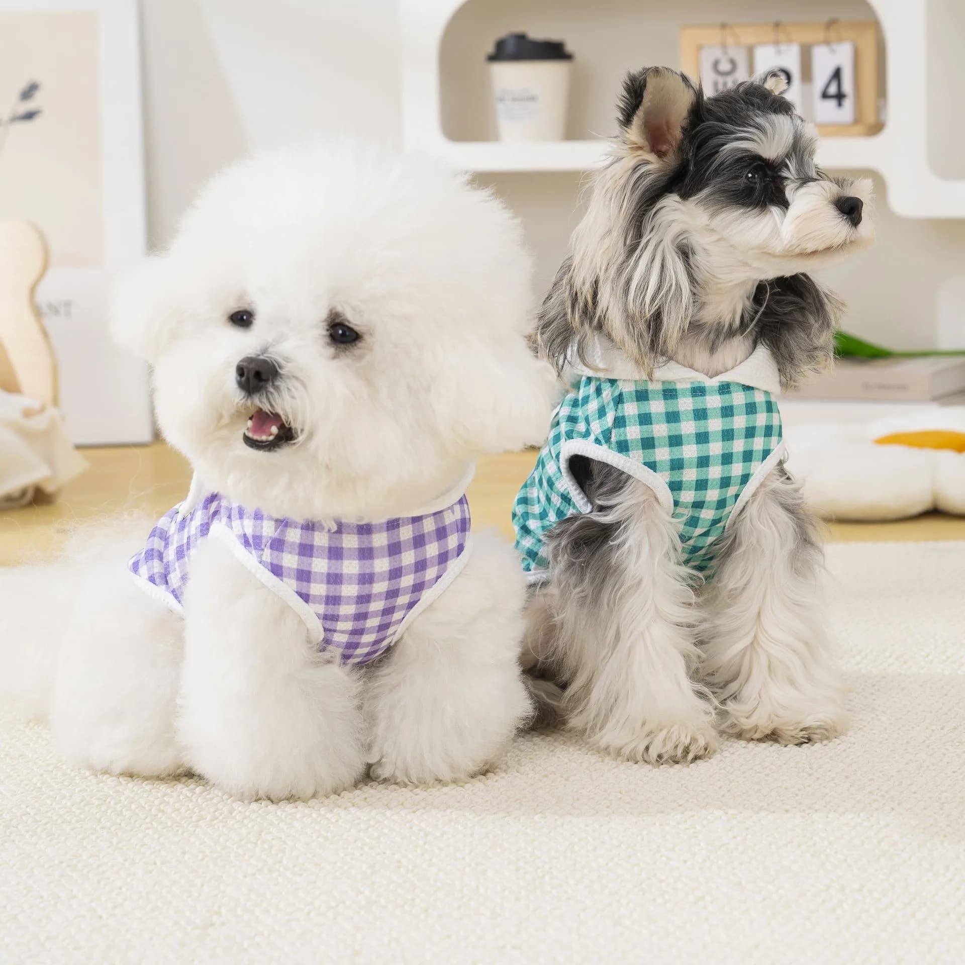 Maglietta Classica a Quadretti per Cani e Gatti, Abbigliamento Estivo, Top con Motivo a Fiocco per Yorkshire, Maglietta con Colletto per Cani