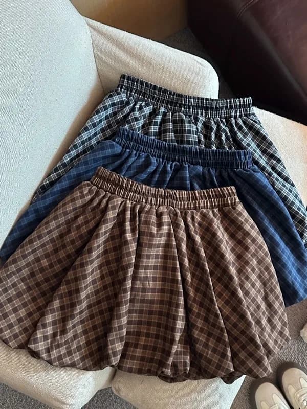 Gonna Corta a Pieghe Stile Coreano in Pile a Quadri da Donna, Gonna a Mezza Lunghezza a Vita Alta Slim a Trapezio per Autunno Inverno