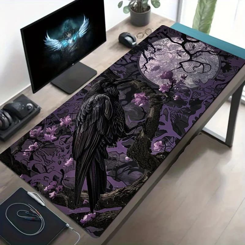 Tappetino per mouse gotico con corvo e luna notturno, fondo in gomma antiscivolo addensato, computer da ufficio, giochi per laptop, tappetini da tavolo di grandi dimensioni