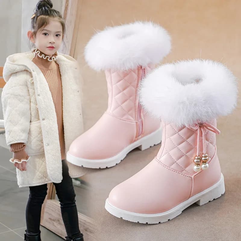 Girls Princess Boots Warm Shoes for Winter Kids Long Boots with Fur 2025 New Fashion Sweet Girls Leather Snow Boots with Bow