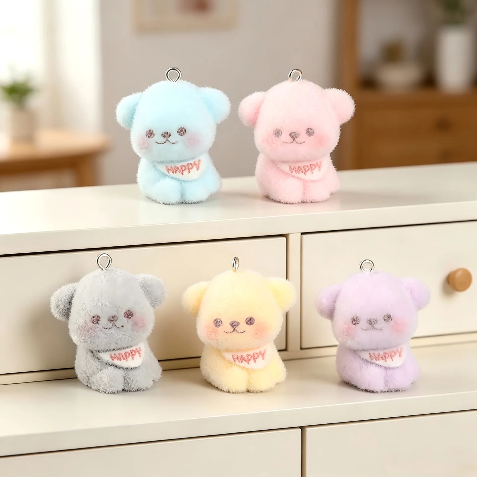 20pcs Cartoon Flocked Dog Figurine Key Ring Resin DIY Jewelry Hanging Charms for make Purse Phone Backpack Pendant Accessory