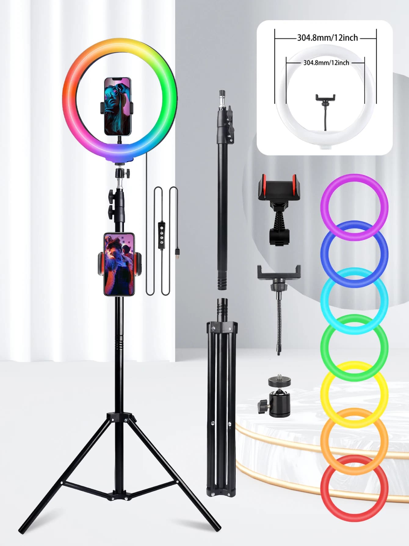 Professional 10 inch selfie LED light powered by USB, 160 cm high support, 38 color RGB, live streaming, makeup filling lights