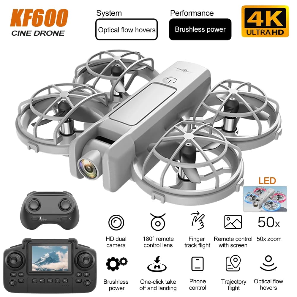 Drone con fotocamera KF600 4K con controller schermo LED Una chiave decollo 360 ° Ruota droni RC Mini Quadcopter FPV Stunt Fly 3D