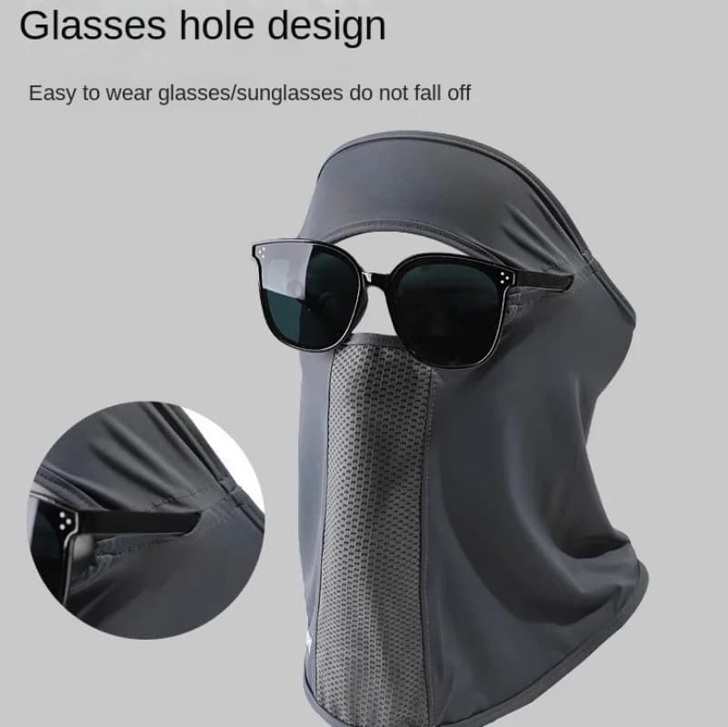 Summer mask in ice silk anti- UV with neck and hole protection for glasses, refreshing facial veil for excursions, cycling, fishing, full face cover
