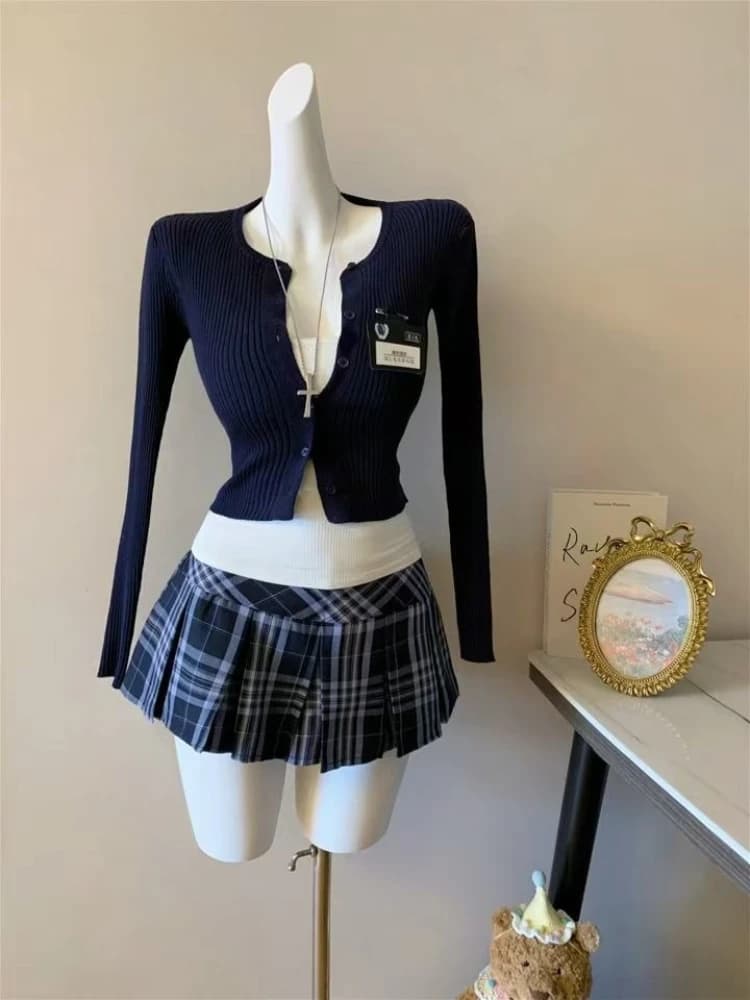Set da 3 pezzi dolce e sottile stile college coreano cardigan lavorato a maglia da donna + gilet solido + gonna scozzese nuova moda Kawaii autunno outfit 2025