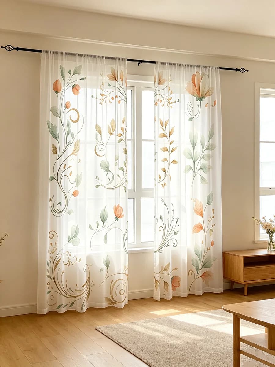 2PCS Digital Print Sheer Curtains, Green Orange Vine Floral Pattern, Fresh Natural Window Drapes for Living Room Bedroom Decor
