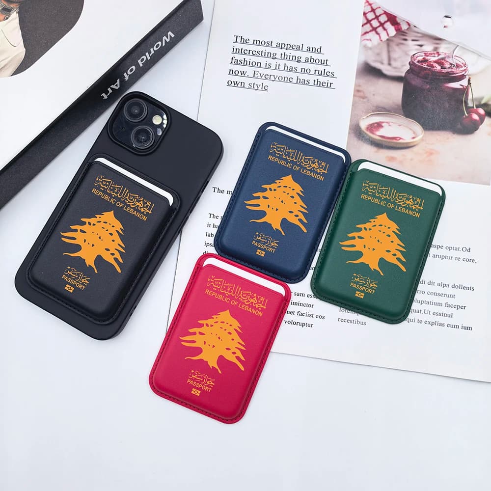 Custodia a Portafoglio Magnetica in Pelle di Lusso per Passaporto Libanese, Compatibile con MagSafe iPhone 17 Air 14 15 Pro Max 16, con Porta Carte e Cover Posteriore