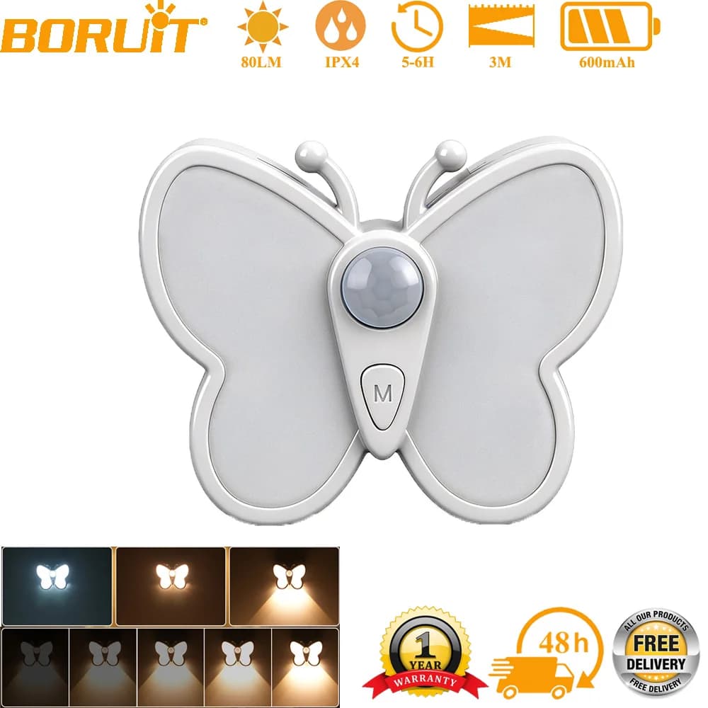 BORUiT Lampada Notturna a Sensore di Movimento a Forma di Farfalla, LED Dimmerabile Multimodale, Lampada da Parete Magnetica per Camera da Letto, Soggiorno, Illuminazione Scale