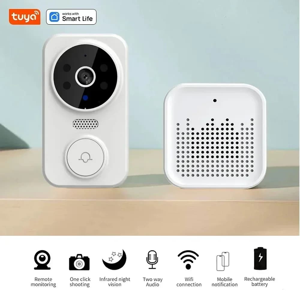 Campanello Video WiFi Tuya, Campanello Wireless per Casa, Ricaricabile a Batteria, Telecamera con Visione Notturna a Colori, Campanello Visivo