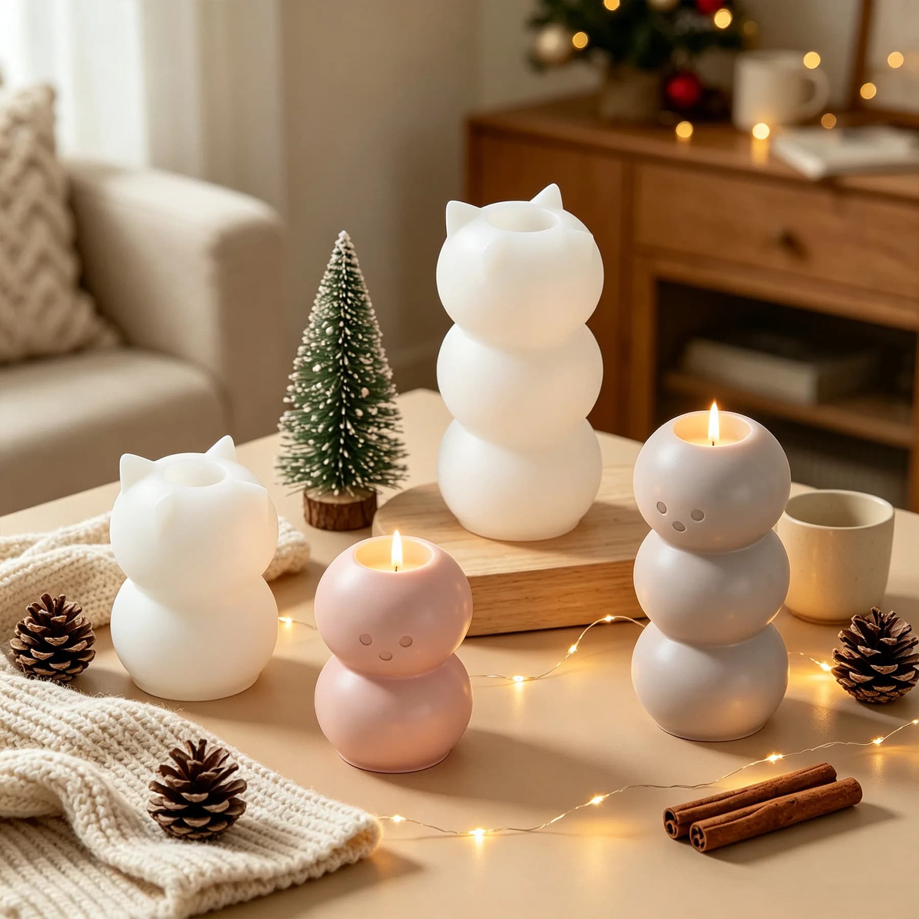 2Pcs Christmas Snowman Candle Holder Mold Multi-Layer Stacking Ball Silicone Mold DIY Plaster Figurine Holiday Decor Gift