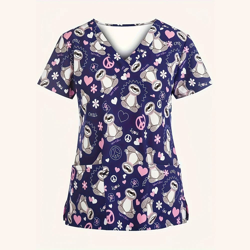 Uniforme clinica Donna Animale Cartoon Stampa Scollo a V Micro-Stretch Dental Infermieristica Magliette e camicette Manica Corta Estate Uniformi Donna Medica