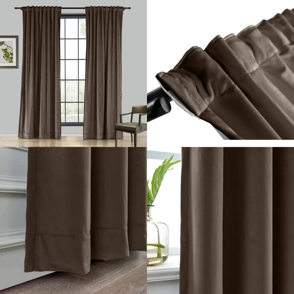 Darkening curtains in brown velvet 50 x 102 - Set of 2 for living room, pocket for rod with back tab, solid door panels