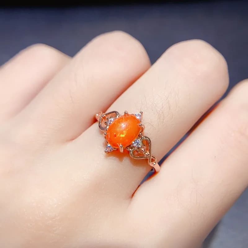Engagement ring with orange fire opal Sterling 925 Sterling silver with natural oval ring 6 x8mm for women