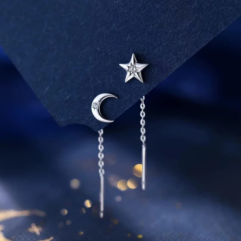 Silver Color Trendy Asymmetry Star Moon Zircon Ear Line Stud Earrings for Charm Women Fashion Jewelry Accessories