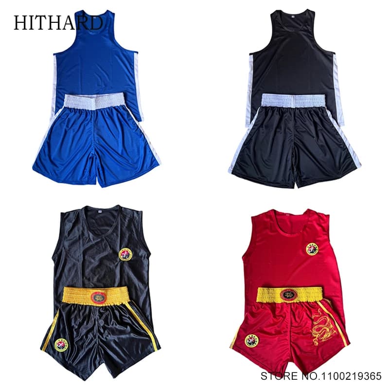 Pantaloncini da boxe Camicia Set Pantaloncini Muay Thai traspiranti Uomo Donna Bambino Sanda Wushu Uniforme Palestra Arti marziali MMA Abbigliamento da allenamento