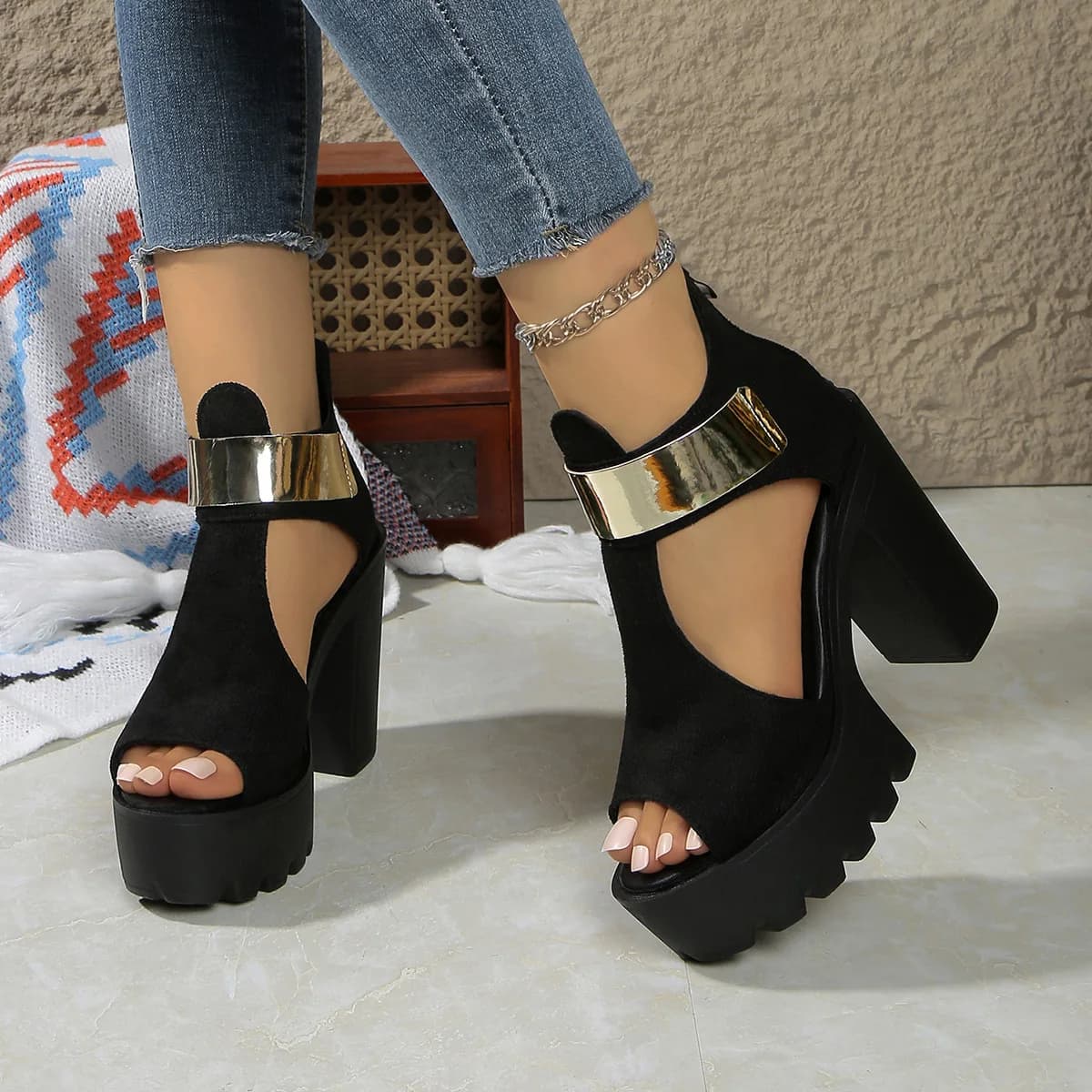 Sandali da Donna alla Moda con Plateau, Taglie Grandi 36-43, Neri con Punta Aperta, Antiscivolo, Tacco Alto, Scarpe da Spiaggia