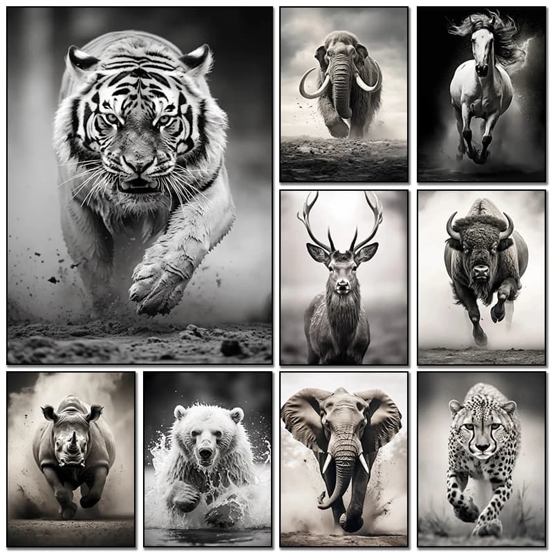 Black and White Animal Poster Tiger Elephant Deer Cheetah Bull Horse Canvas Painting Prints Wall Art Room Home Decor Frameles