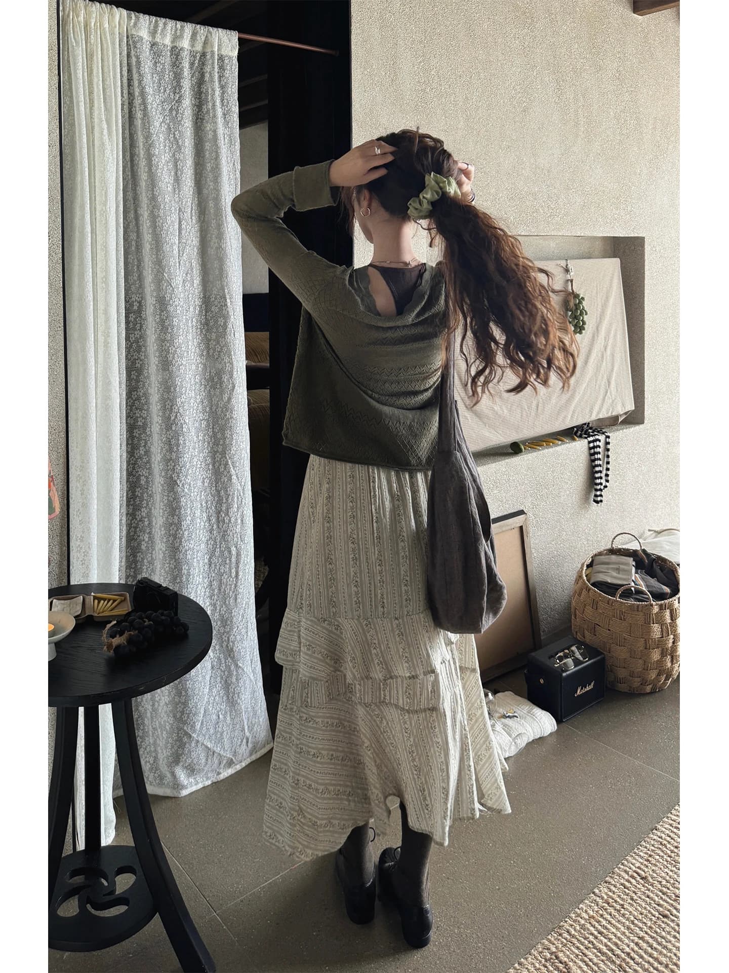 JMWOMEN Cloud Sensation Retro White Stripe Floral Split A-Line Midi Skirt Women Summer Layered Design Breathable Skin-Friendly