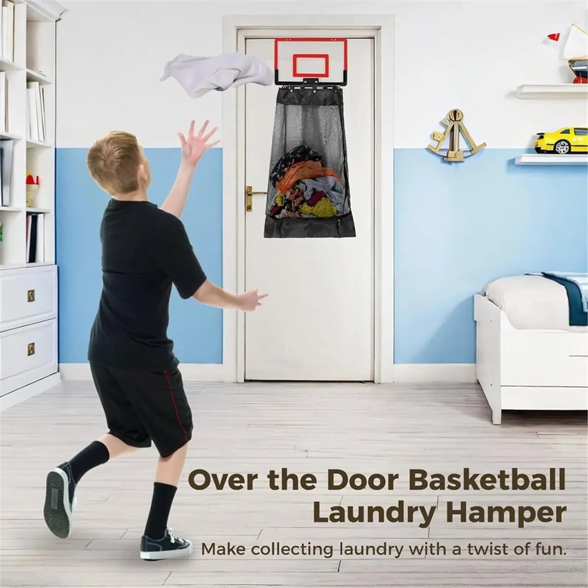 Over the Door Basketball Laundry Hamper with Hoop, Hanging Laundry Basket with Zippered Bottom, Removable Mesh Bag
