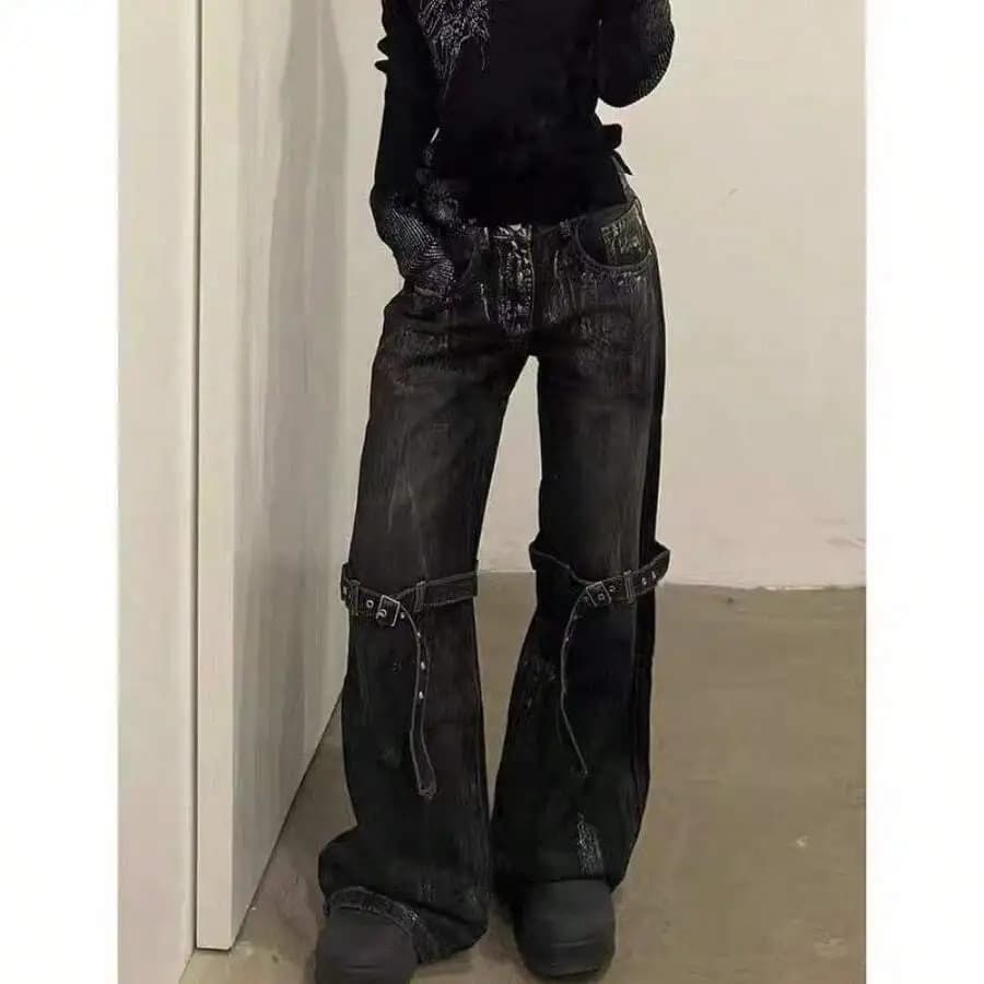 Jeans Neri a Vita Alta e Gamba Larga con Polsini a Cintura, Pantaloni Casual da Donna