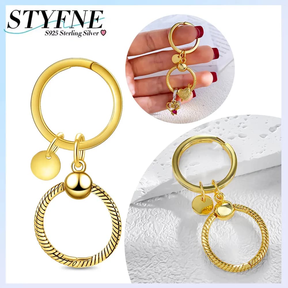 Portachiavi di Lusso in Argento Sterling 925 Placcato Oro con Ciondolo a Catena Serpente e Perline, Regalo per Lei