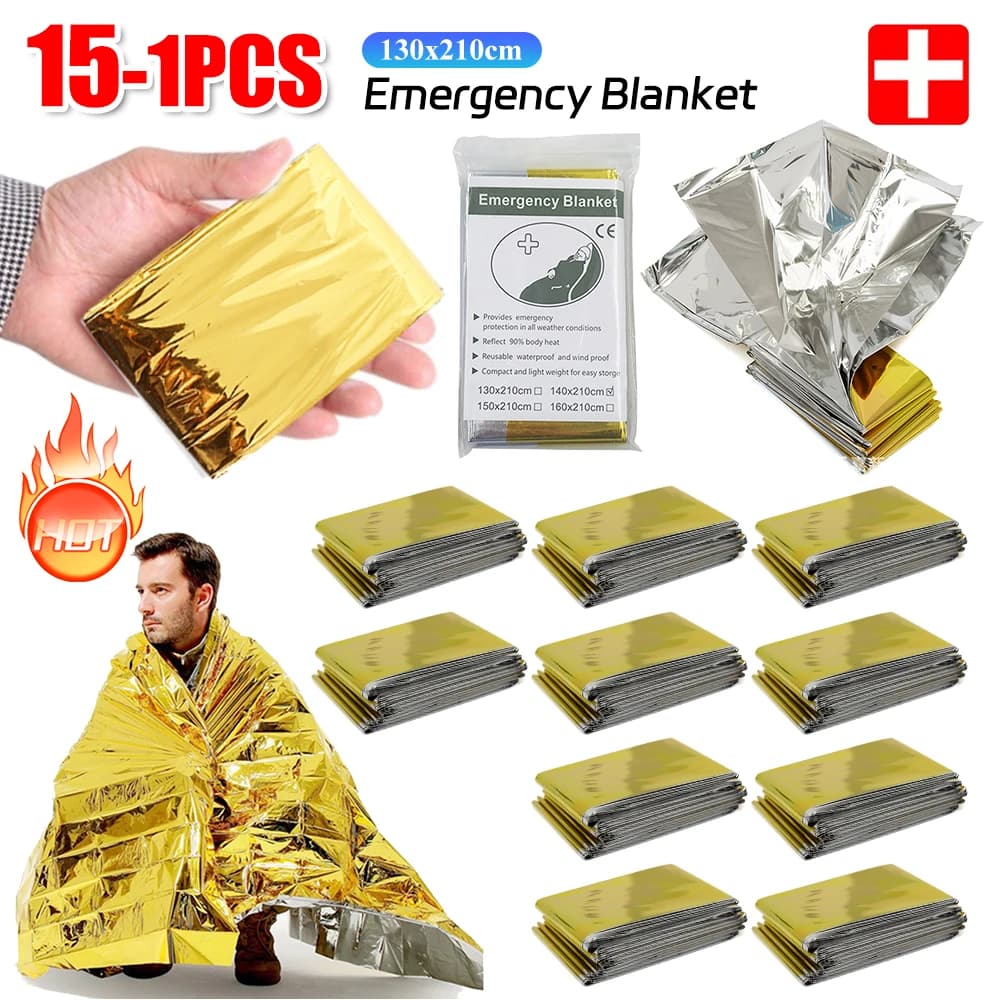 15-1 pezzi coperta termica di emergenza pieghevole impermeabile antivento parasole coperta di salvataggio sopravvivenza all'aperto tappetino da campeggio di primo soccorso