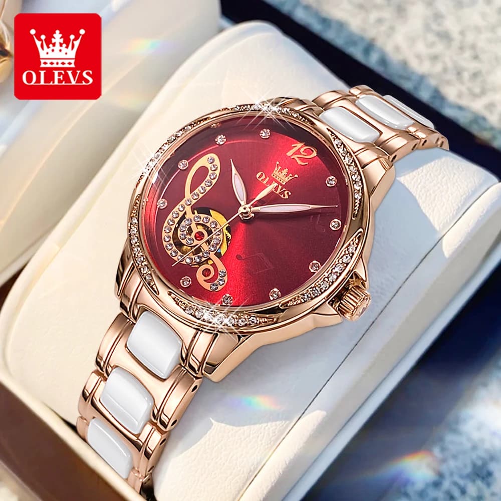 OLEVS 6656 Luxury Brand Women's Watch Fashion exquisite note of diamonds ceramic strap automatic mechanical female business watch Reloj