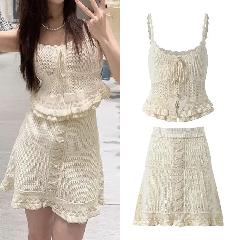 CHUJIE Set da donna in maglia all'uncinetto stile francese estivo 2025 - Top senza maniche + gonna con allacciatura in vita (miscela di nylon viscosa)