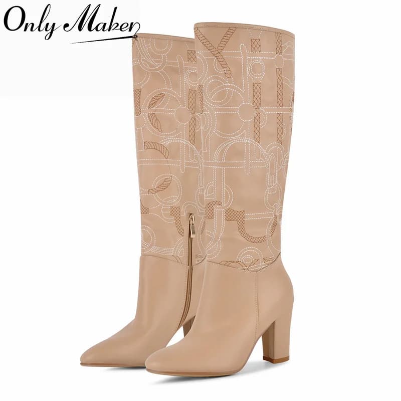 Onlymaker Apricot Embroidery Knee High Boots Round Toe Block Heel Side Zipper Faux Leather Elegant Daily Party Boots